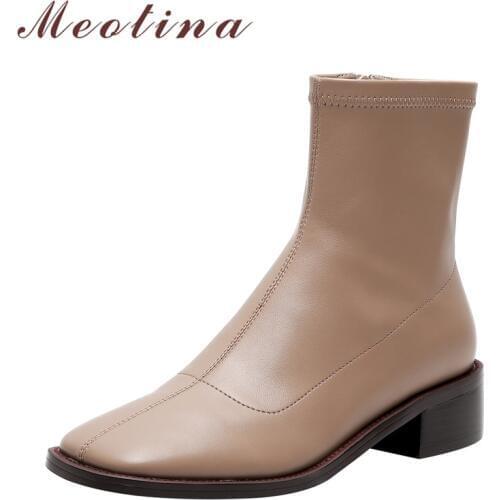 Meotina Ankle Boots Women Shoes Real Leather Mid Heel Short Boots Square Toe Thick Heels Zip Lady Boots Winter Black Size 40