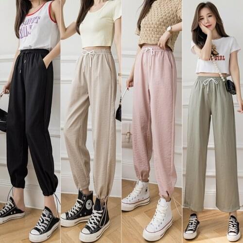 Fashion Green Black Apricot Pink Casual Summer Cotton Linen Harem Ankle-Length Pants for Women Street Elastic Waistband Trousers