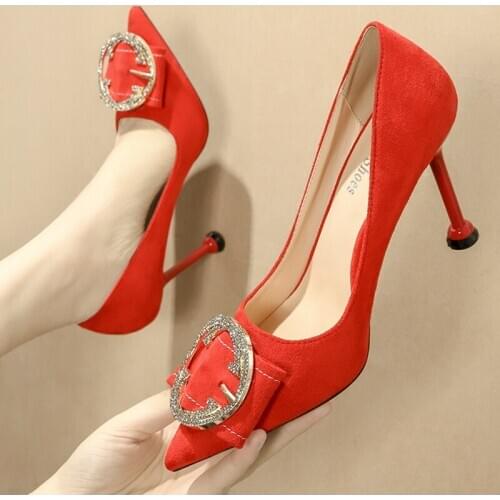 Plus Size 33 Wedding Red Heels Women 9.5 and 6.5cm High Heels Fetish Crystal Prom Pumps Lady Valentine Low Heels Scarpins Shoes