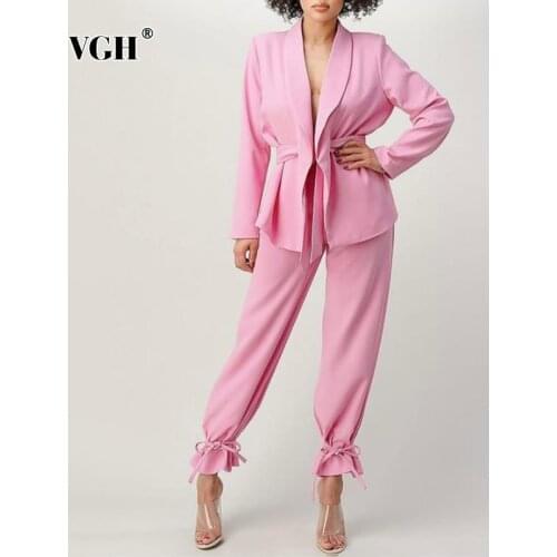 VGH Casual Solid Trouser Suit Female Notched Long Sleeve Tunic Blazer High Waist Wide Leg Pants Womens Suit 2021 Spring Fashion