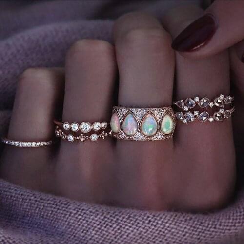 2020 Vintage Geometric Opal Mosaic Crystal Ring Sets For Women New Boho Gold Adjustable Fashion Rings Female Valentine Gift