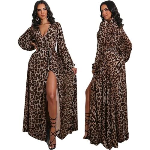 2020 Womens Long Dress Leopard Print Dresses Autumn Winter Long Sleeve Sexy Deep V-Neck High Split Casual Dress S-XXL