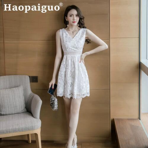 Large Size A-line White Lace Dress Women Sleeveless Mini Casual Elegant Dress Women Solid Backless Streetwear Modis Ladies Dress