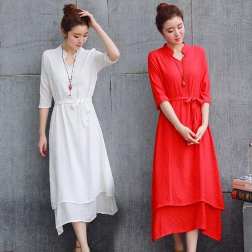 White Red Robe Vintage Femme Spring Summer Dresses Solid Stand Collar Long Loose Casual Dresses For Women 2019 Vestido AA4664
