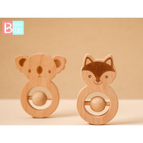 Bite Bites Baby Rattle 1Pcs Beech Wood Fox Bear With Bead Kid Rattle Play Gym Montessori Stroller Toy Kid Molars Wood Teether