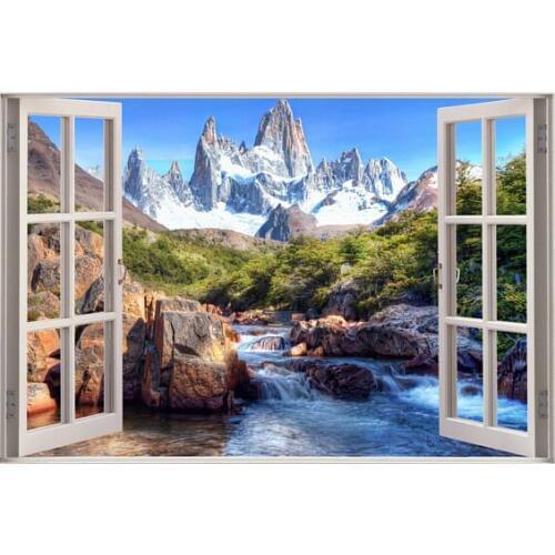 3D Window View Nature Enchanted River Mountain Wall Decal Sticker Frame Mural Effect Home Decor Bedroom Living Room Kitchen