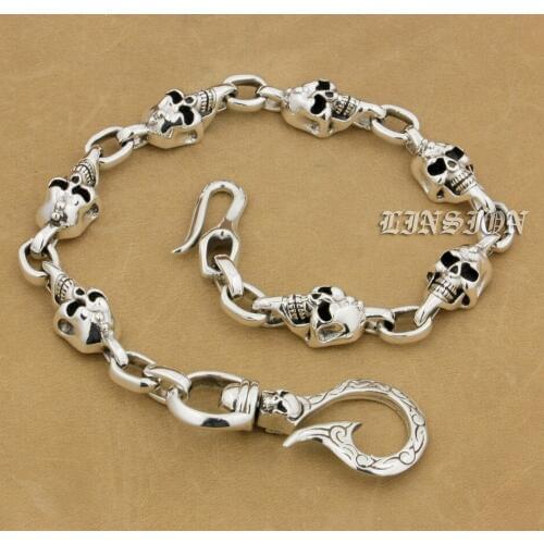 925 Sterling Silver SKull Fish Hook KeyChain Mens Biker Rock Punk Wallet Chain 9T014 ALL Length Available