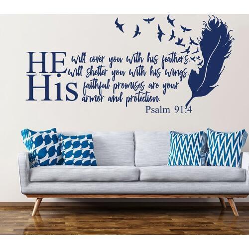 Bible verse wall decals quotes he will cover you with his feathers christian psalm 91:4 Wall Decal Viny Home bedroom decor Z963