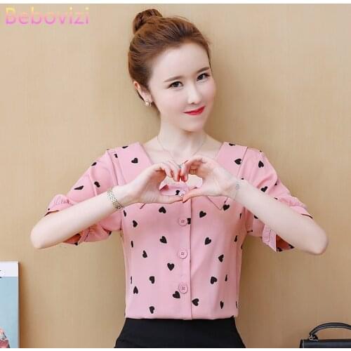 S-XXL Fashion Asia Korea Pink Green Short Sleeve Blouse for Women Summer Casual Office Lady Top Shirts Clothes Peter Pan Collar
