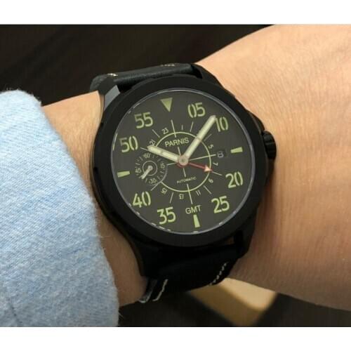 Sapphire crystal 44mm PARNIS GMT Automatic Mechanical movement luminous Black dial Automatic date mens watch P204-P8
