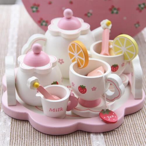 Wooden simulation round tea set wooden strawberry pattern afternoon tea toys children early education simulation kitchen toys