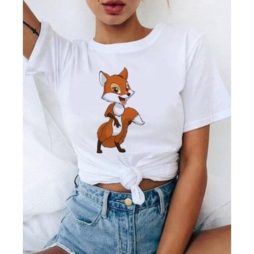 Cute Fox Cartoon Printed Ladies T-shirt O-Neck Harajuku Graphic T-shirt Short Sleeve Summer TShirt Short Sleeves streetclothing