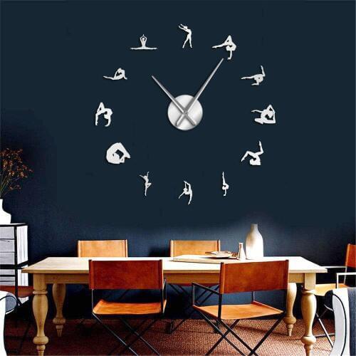 Gymnastics Girls Mirror Effect Wall Stickers DIY Wall Clock Sport Exercises Girl Gymnast Room Decor 3D Giant Wall Watch