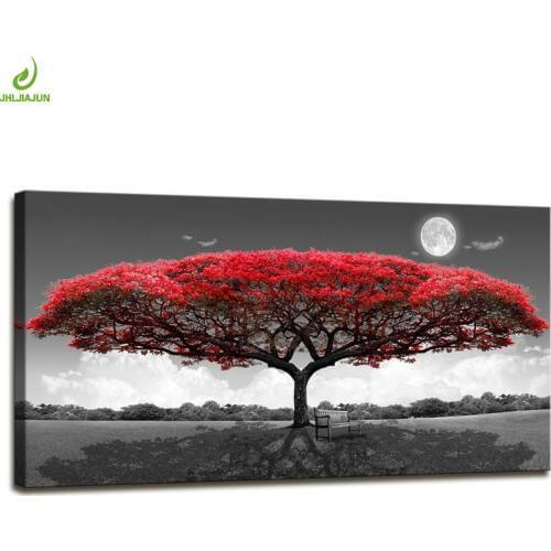 JHLJIAJUN Single Red Tree Forest Landscape Canvas Painting Horizontal Rectangle Nordic Picture Wall Art For Living Bedroom Decor