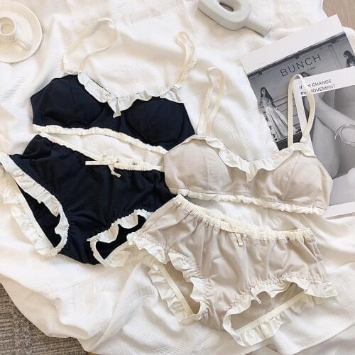 Comfortable cotton bra set retro lotus leafless triangle cup underwear set skin-friendly gathered lingerie with panties ladies