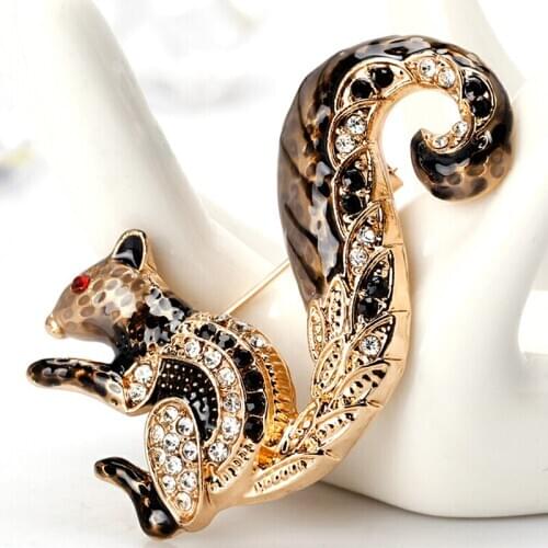 Crystals Women Brooch Pin Cute Squirrel Imitation Pearl Animal Brooches For Hat Scarf Collar Cuff