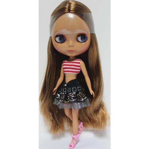 Blygirl Blyth doll Light brown straight hair nude baby 107BL674 ordinary body 7 joints black skin for their own change makeup