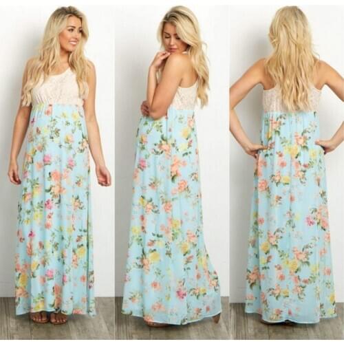 Summer Womens Sleeveless Lace Stitching Round Neck Dress Printing Vest Pregnant Women Loose Dress Female Maternity Clothings