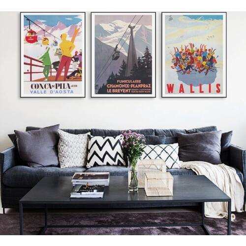 Ski in Canada Switzerland Vintage Ski Poster Art Prints Retro Italy France Travel Skiers Canvas Painting Skiing Wall Art Decor