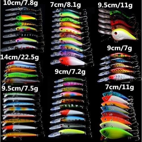 Hot Sale 59pcs/lot Set Mixed 8 Different Style Models Fishing Wobblers Bait Artificial Lifelike Minnow/VIB Lure and Crank bait