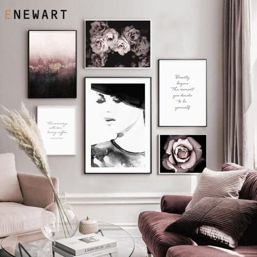 Pink Rose Flower Canvas Wall Art Nordic Fashion Poster Black White Woman Painting for Living Room Life Quote Decoration Picture