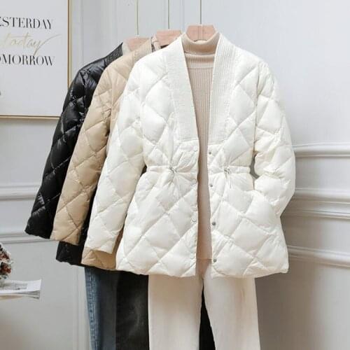 2021 New Winter Womens Jacket Ultralight White Down Jacket V-neck Drawstring Slim Warm Down Coat Windproof Parkas