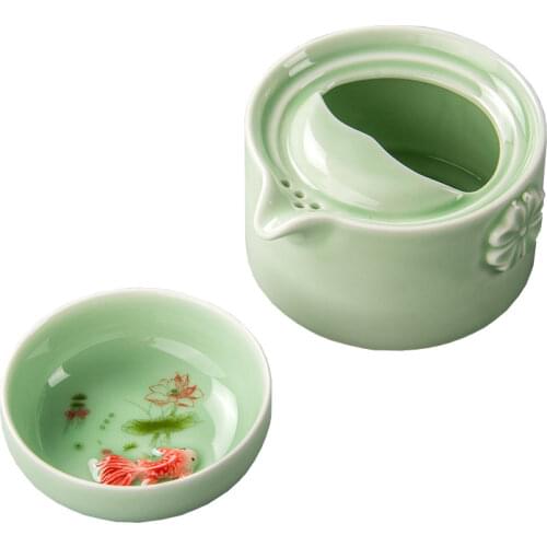 New Design Green Ceramic 3d Carp Gaiwan Tea Set Celadon Elegant Kung Fu Teaset Include 1 Pot 1 Cup,beautiful Easy Teapot Kettle