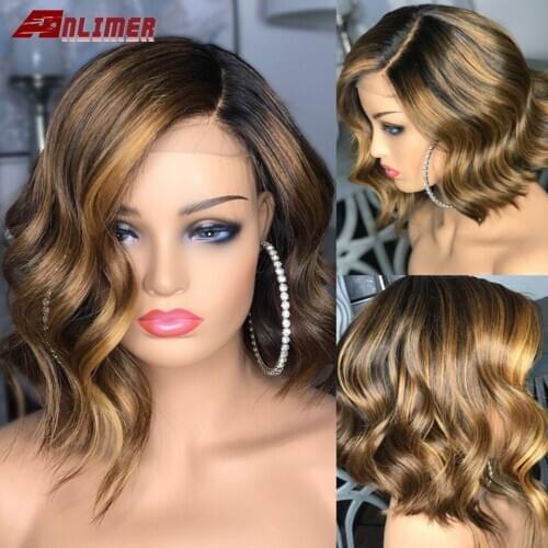 Ombre Silk Base Human Hair Wig Peruvian Wave Blonde Highlight Short Bob Wig 13x4 Lace Front Human Hair Wig Remy Hair Pre Plucked