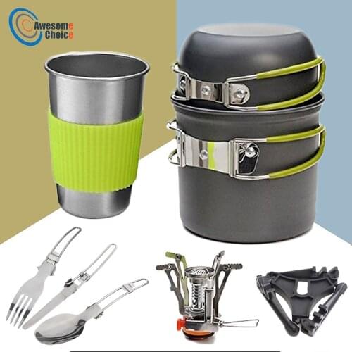 10 pcs/set Outdoor Camping Hiking Tableware Aluminium Alloy Cookware Cooking Picnic Traveling Bowl Pot Pan Set for 1-2 person