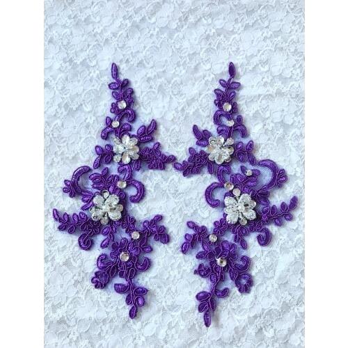 Handmade sew on crystal purple patches sequins Rhinestones lace trim applique 22*10cm for dress skirt