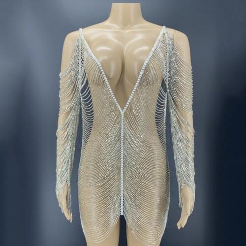Sexy Silver Crystals Chains Outfit Hollow Dress Design Party Dress Dj Female Singer Nightclub See Through Stage Costume DN9686