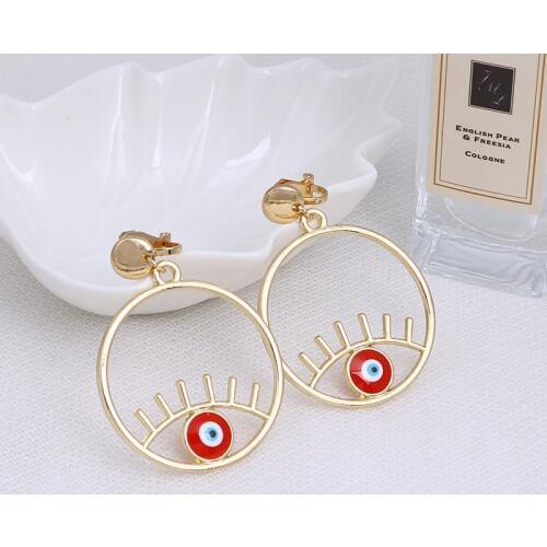Geometric Big Circle Enamel Evil Eye Clip on Earrings for Girl Gold Color Band Elegance Lucky Turkish Evil Eye Round Ear Clips