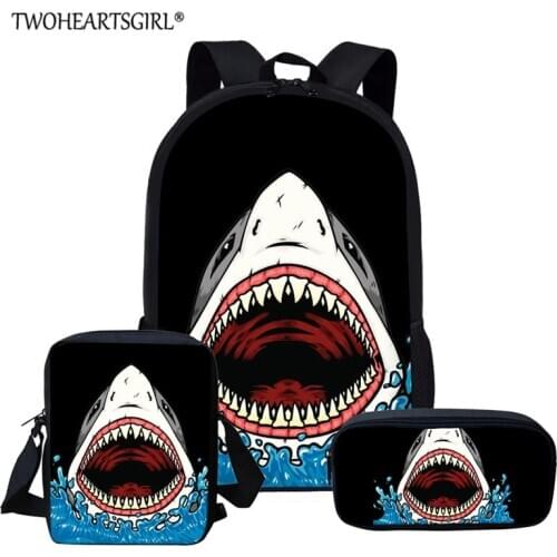 Twoheartsgirl Cool Great White Shark Book Bags for Teenager Boys Kids Underwater Animal Print Schoolbags 3Pcs/set Child Bookbags