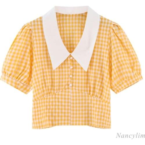 Doll Collar Plaid Puff Short Sleeve Shirt for Women 2021 Summer Korean Style Elegant Lady Crop Top Girls All-Match Blouses