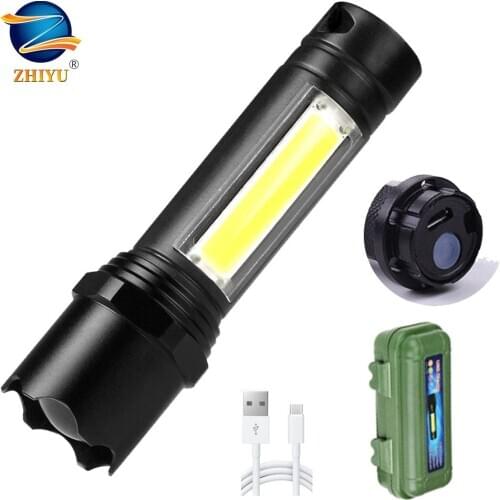 ZHIYU Mini LED COB Flashlight Portable Camping Working Lights 3 Modes Zoom Lamp USB Rechargeable Waterproof Tactical Flash Light