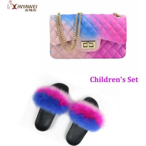 100% Genuine Fox Fur Fur Slippers For child, Rainbow Shoes, Cute Fur Flip Flops, girl Travel Shoes, Jelly Bag Set, Fashion Bag