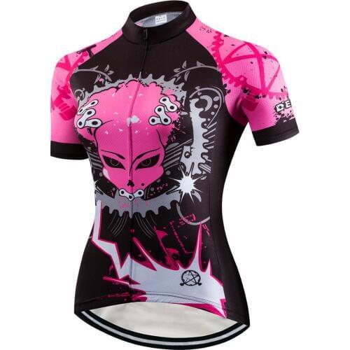 Womens Cycling Jersey Summer Short Sleeve Bike Jersey Mountain road Pink Skull MTB Bike Team Cycling Clothing Bicycle shirt Top