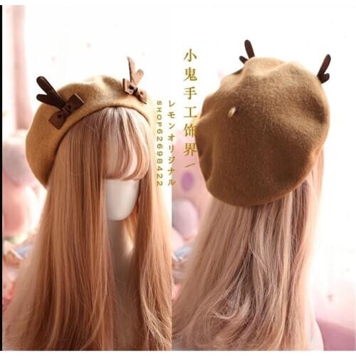 Sweet Lolita Cute Christmas Antlers Venonat French Beret Handwork Womens Classic Wool Felt Painter Hat B478