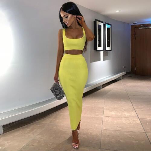 Neon ribbed knitted women two piece matching co ord set crop top midi skirt sexy festival party 2019 winter clothing