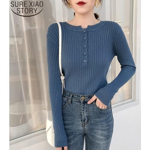2021 New Sweet Sweater Pullover Fashion 6 Colors Women Long Sleeve Knitted Bottoming Shirt Button O-Neck Sweaters Women 10973