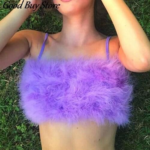 Women Party Feather Camis Soft Fur Crop Tube Tops Sexy Strapless Bandeau Off Shoulder Sexy Chest Camisole Girl Basic Breast Wrap