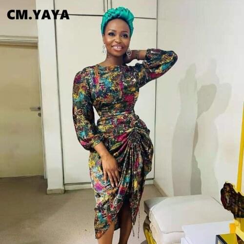 CM.YAYA Women Print Full Lantern Sleeve O-neck High Waist Shirring Mid Calf Loose A-line Dresses Office Lady Elegant Party Dress