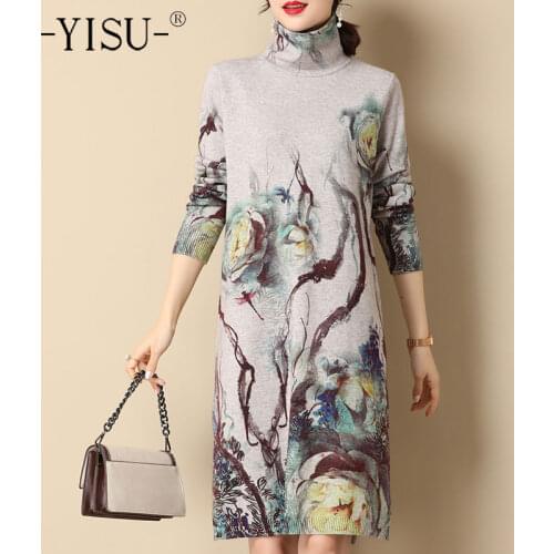 YISU Winter Women Dresses Turtleneck Branches Printing Knitted pullover Dress Long sleeve Warm Casual Female Thick Jumper Dresse