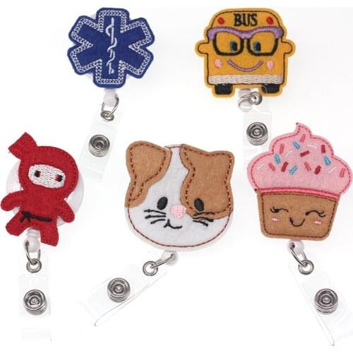 10pcs free shipping Animal Cute Cat School Bus Cake Retractable Badge Reel Felt Ice Cream Red little boy ID Name Badge Holder