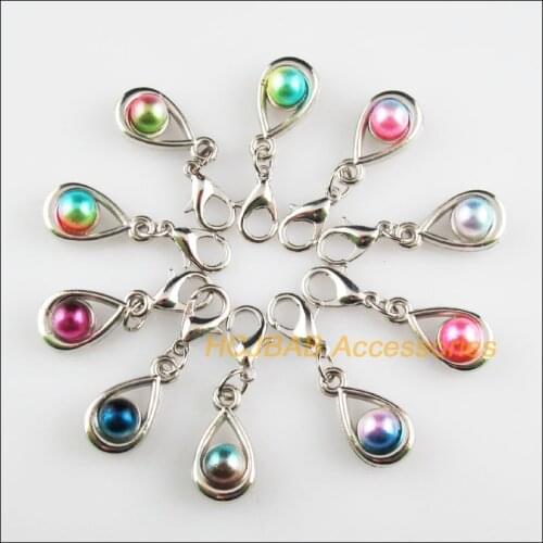 10Pcs Dull Silver Plated Teardrop Retro Mixed Ball Acrylic 9.5x17.5mm With Lobster Claw Clasps Charms