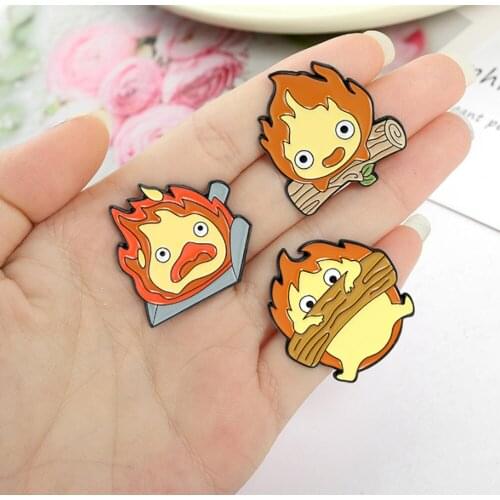 20/Lot 3 Styles Howls Moving Castle Calcifer Wood Brooch Badge Figures Pin For Lapel Action Figure