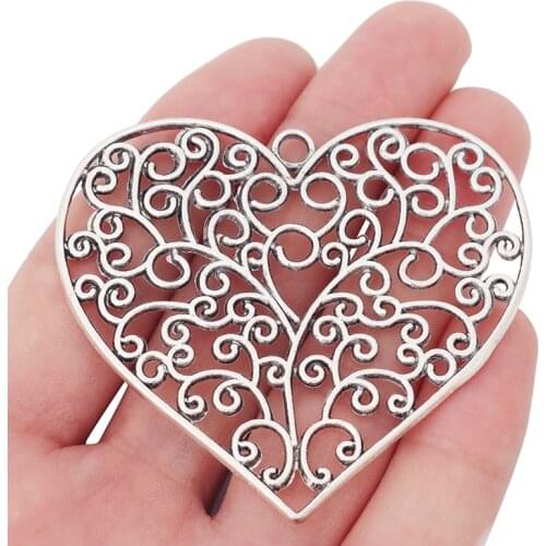 3 x Tibetan Silver Large Filigree Spiral Heart Charms Pendants Hollow Open for Necklaces Jewelry Making Findings 64x57mm