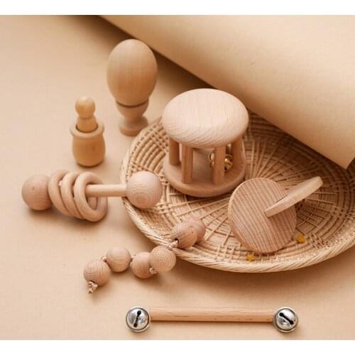 4 Sets Baby Montessori Teaching Aids Set Wooden Ring Rattle Sand Hammer Toys Learning Creative Make Sound Games For Infant Gifts