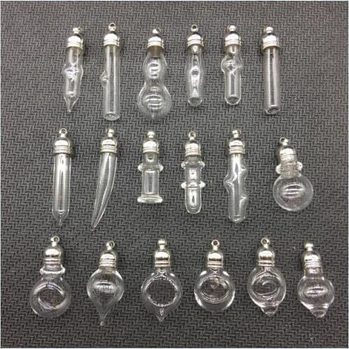 Free ship! 100pcs/lot mixed shape glass Vial Pendant (metal cap with rubber plug/mini/glass/charm/ rice/ bottle/miniature/vials)