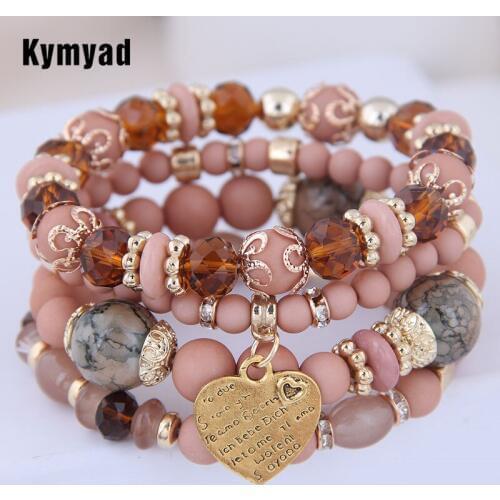 Kymyad (4pcs/set ) Multilayer Bohemia Bracelet Resin Beads Bracelets For Women Bijoux Vintage Heart Charm Bracelet Femme Jewelry